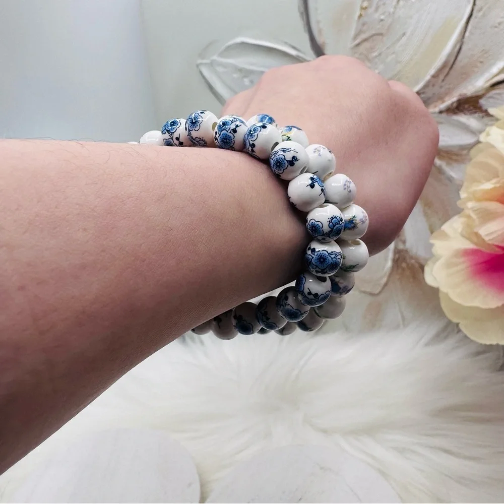 Chinese-Style Ceramic Flower Blue Beaded Bracelet Bundle